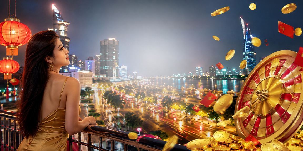 Khung cảnh TP.HCM với roulette và đèn lồng trong trải nghiệm casino trực tuyến